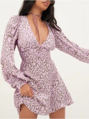 For Love & Lemons June Leopard Lilac Long Sleeve Mini Dress